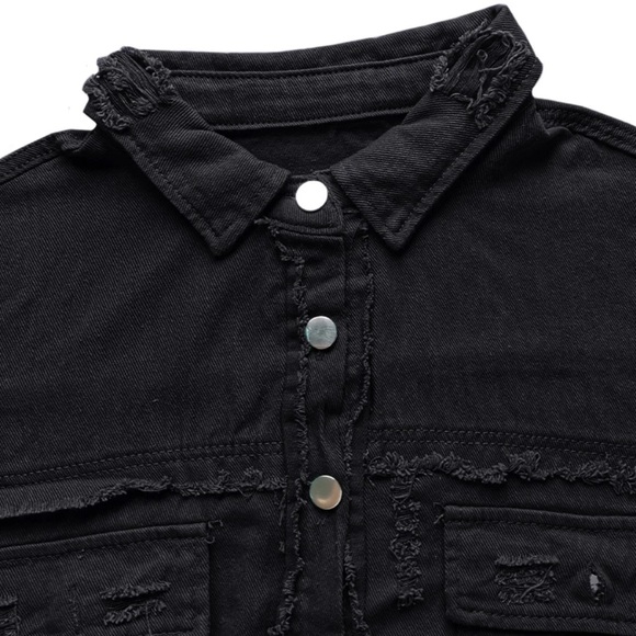 Distressed Black Denim Jacket Sz 14 - Picture 4 of 11